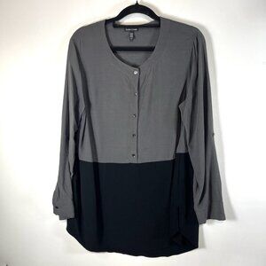 Eileen Fisher Crinkle Crepe Tunic Top Women's Medium Black Grey Oversized Button